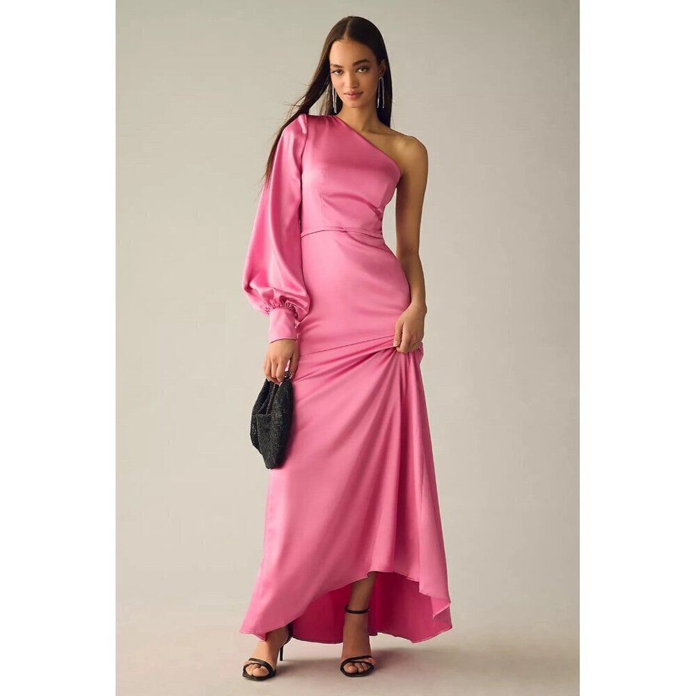 MAC DUGGAL Size 2 Pink 26712 ONE SHOULDER BISHOP SLEEVE SATIN Formal GOWN Dress